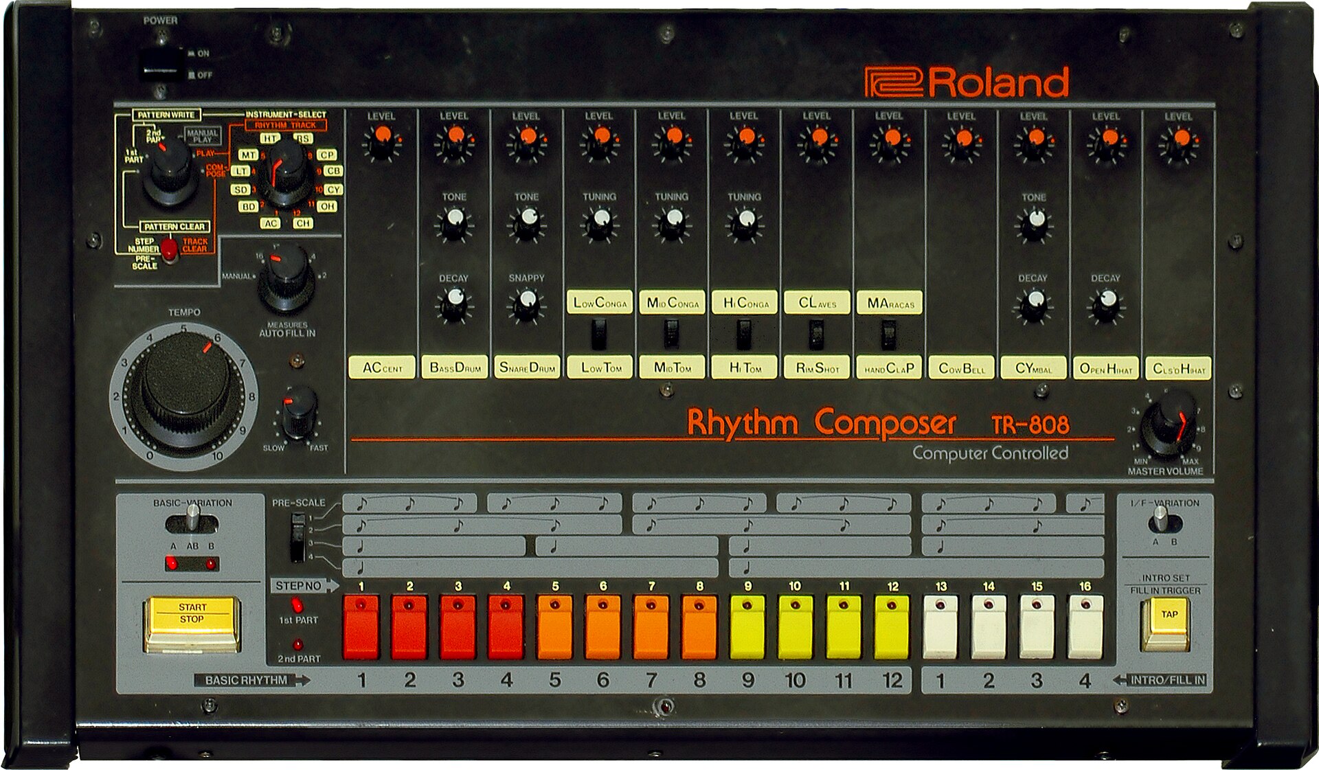 Roland TR-808 drum machine used by Jesse Saunders in the history of house music