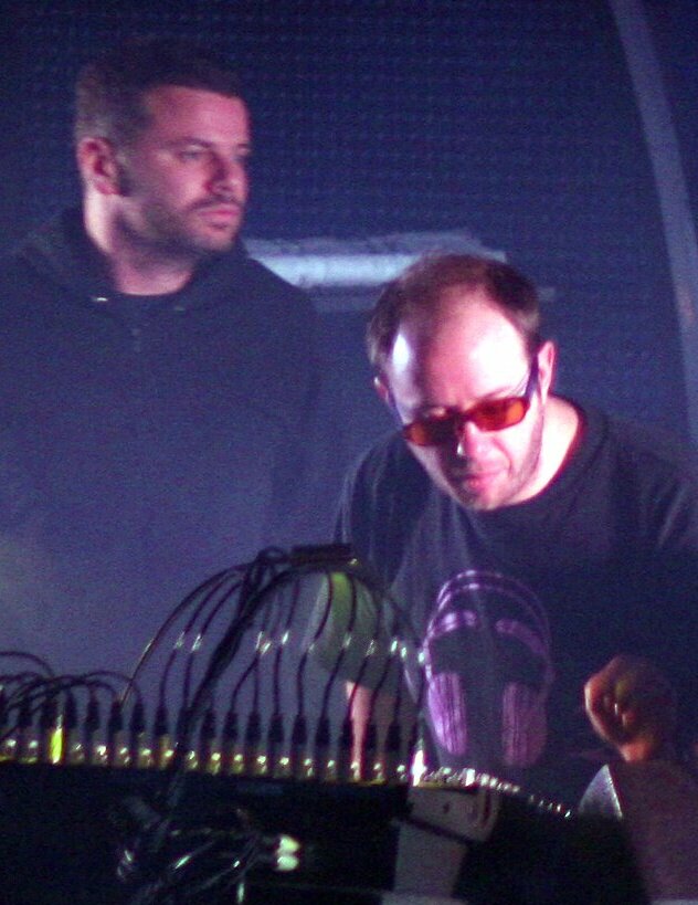 Close-up of The Chemical Brothers, Tom Rowlands and Ed Simons, at the controls