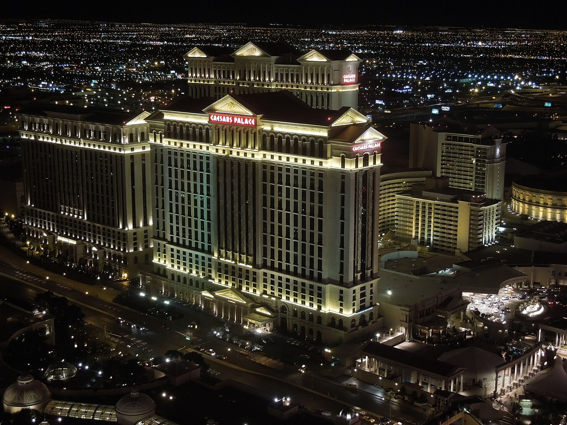 Caesars Palace at night, home of OMNIA and part of the free Las Vegas nightclub entry program