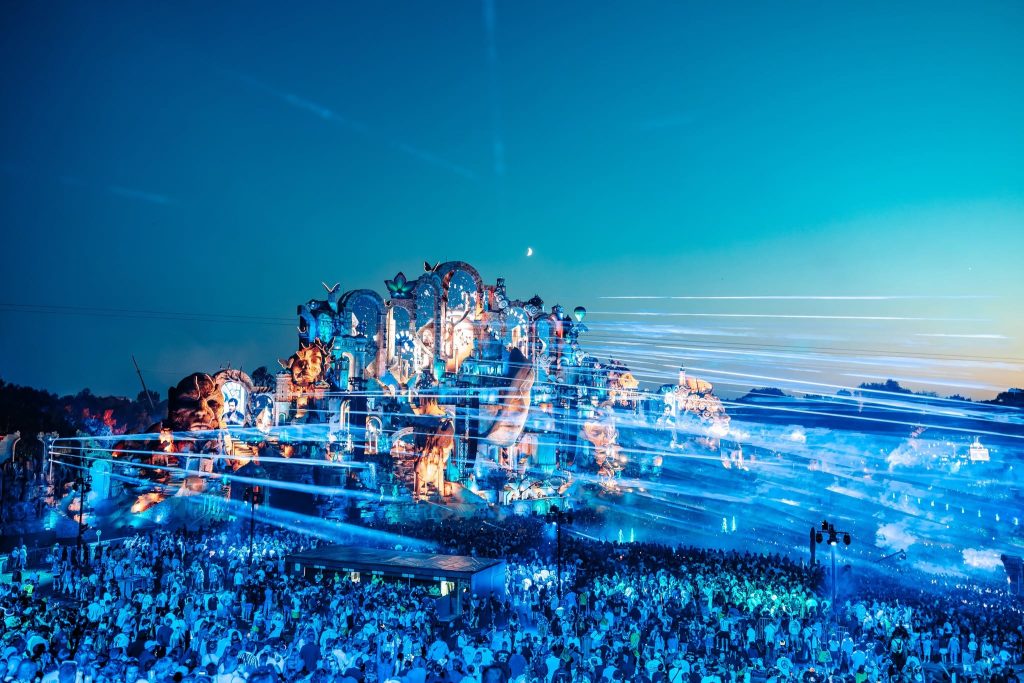 The Tomorrowland 2026 Mainstage at night in Boom, Belgium