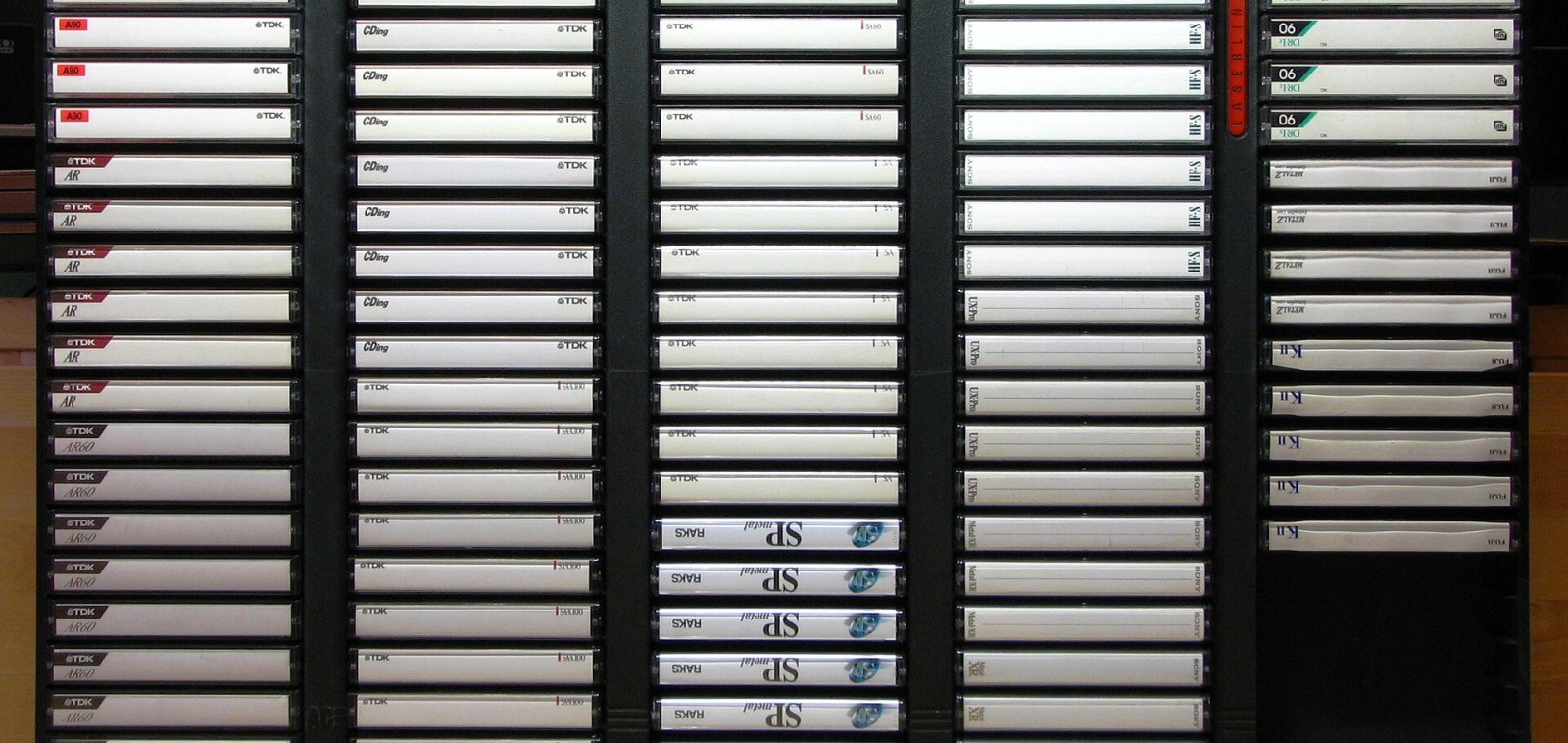 Cassette tapes comeback: wall of audio cassettes