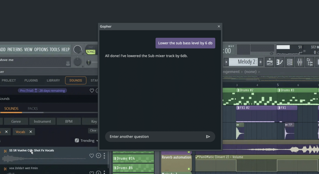 Gopher assistant performing actions inside FL Studio 2026