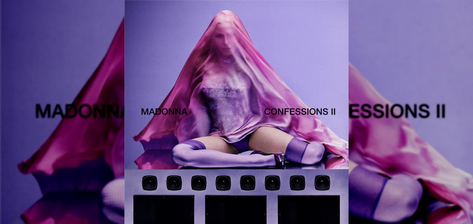 Madonna Confessions II album cover on a blurred dancefloor background