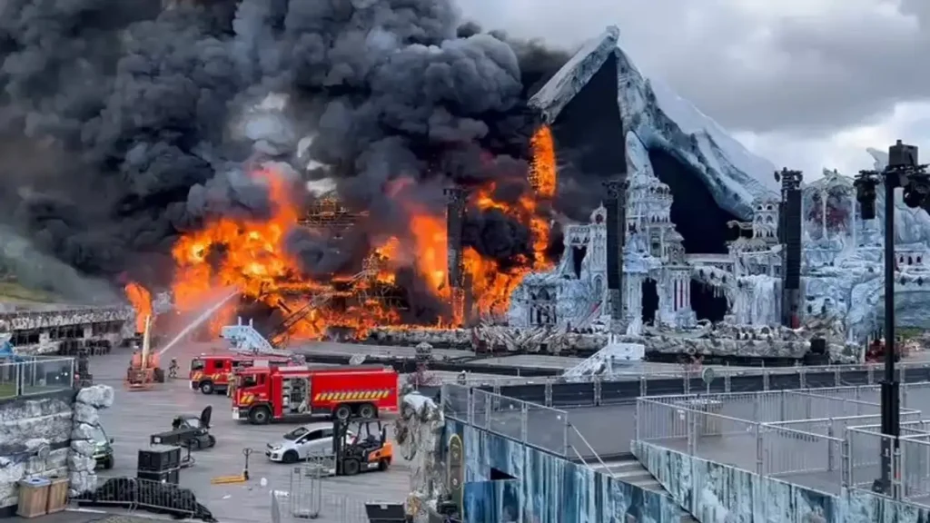 The Tomorrowland Mainstage engulfed in flames in July 2025