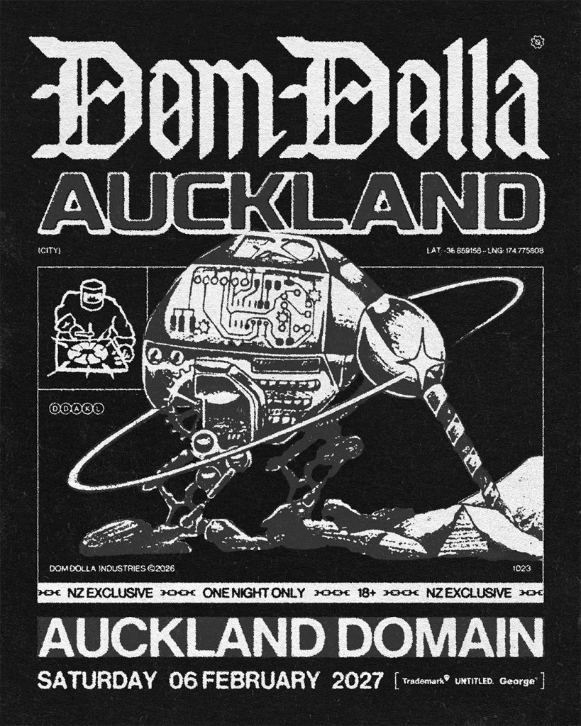 Official Dom Dolla Auckland Domain announcement poster for February 6, 2027