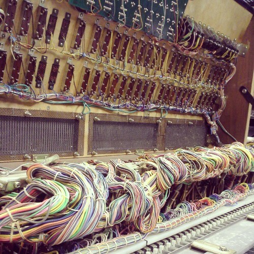 Inside a Yamaha CS-80, showing the analogue circuit boards