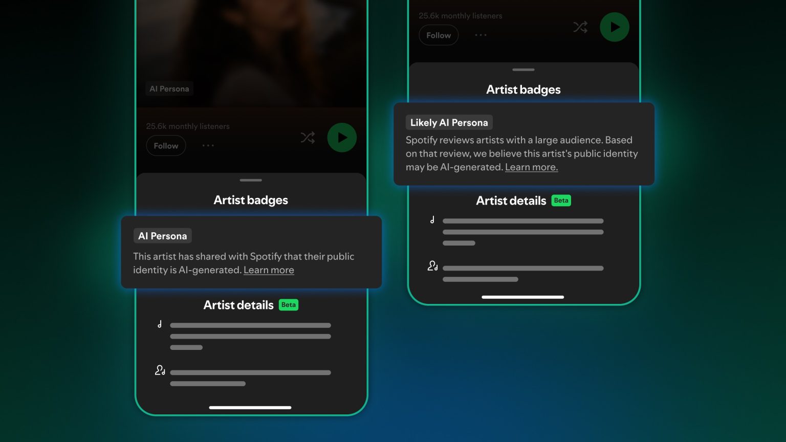 Spotify AI Persona badge displayed on an artist profile