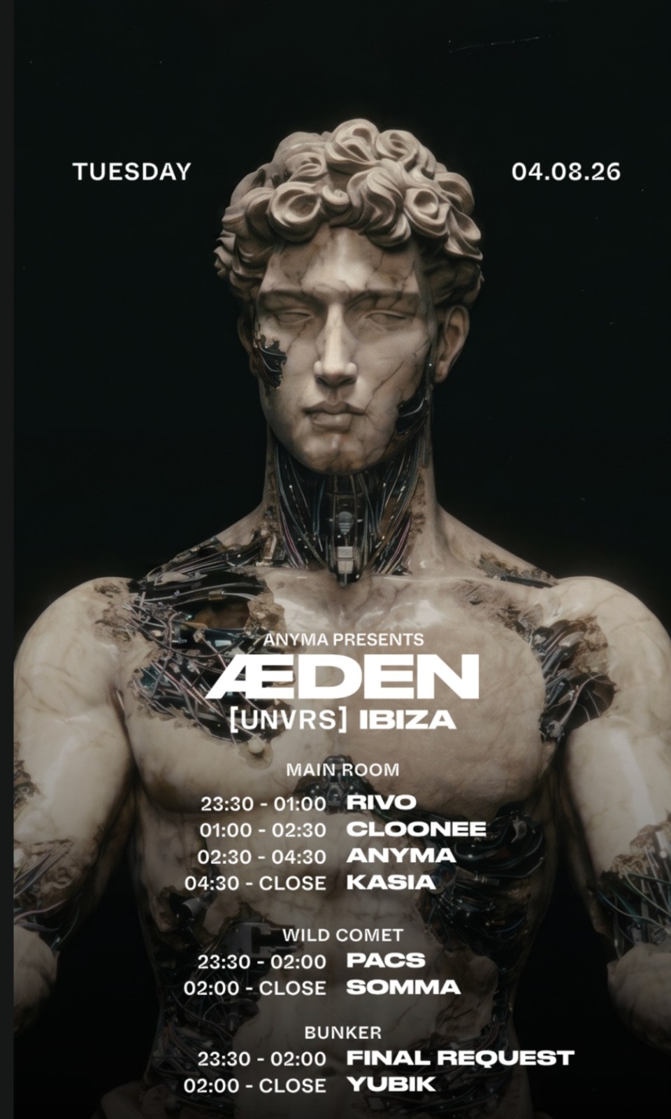 ÆDEN [UNVRS] Ibiza lineup for Tuesday, featuring Rivo, Cloonee, Anyma and Kasia