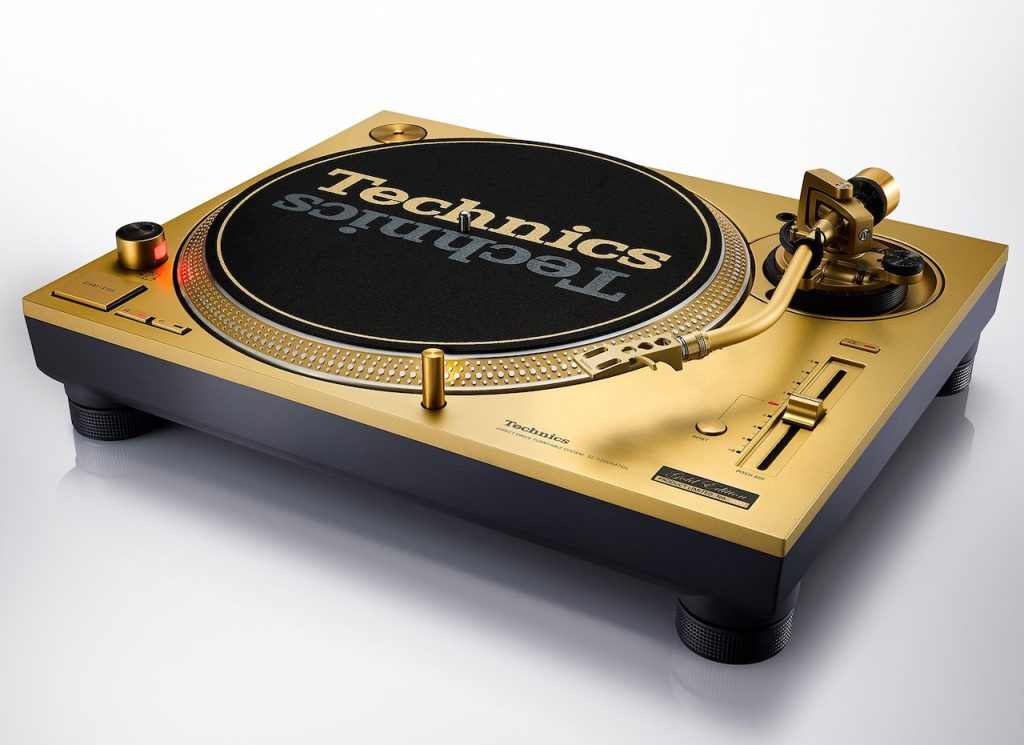 Gold Technics SL-1200 55th Anniversary Edition turntable shown at an angle