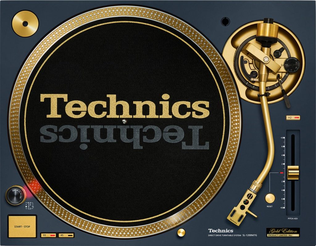 Top view of the blue Technics SL-1200 55th Anniversary Edition turntable with gold platter rim