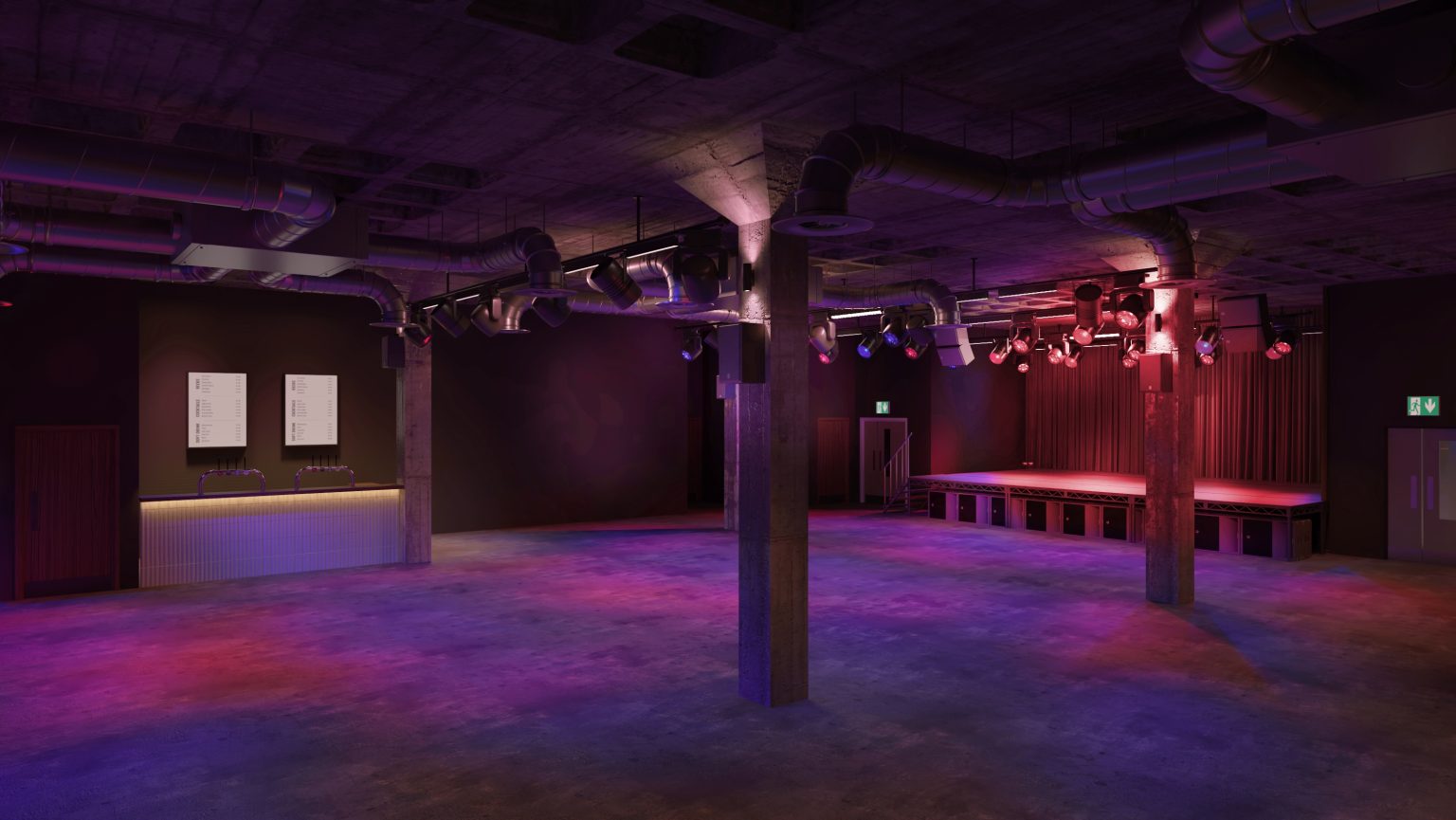 Locker Manchester club room rendering showing the stage and dancefloor
