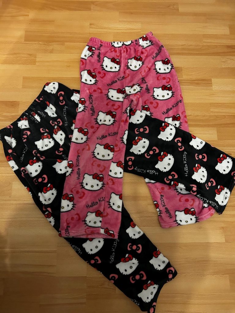 Hello Kitty pants at raves, the pink and black fleece pajama pants at the center of the petition