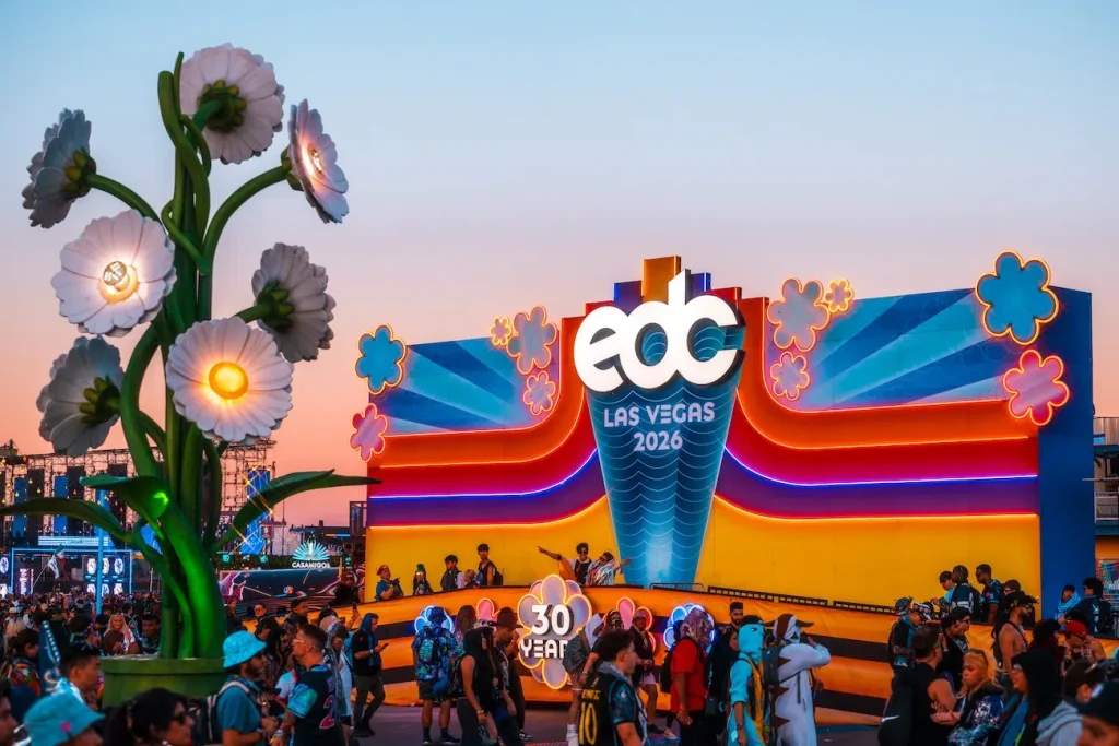 EDC Las Vegas 2026 30th anniversary entrance built by Insomniac