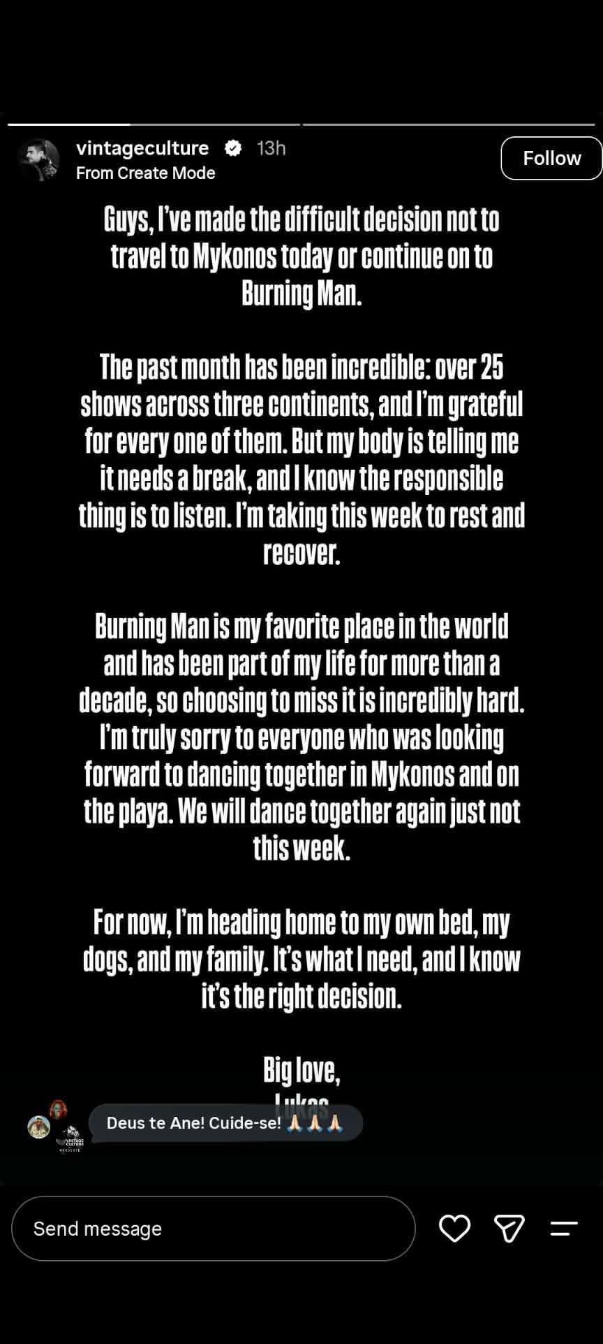 Vintage Culture tour hiatus statement posted to Instagram