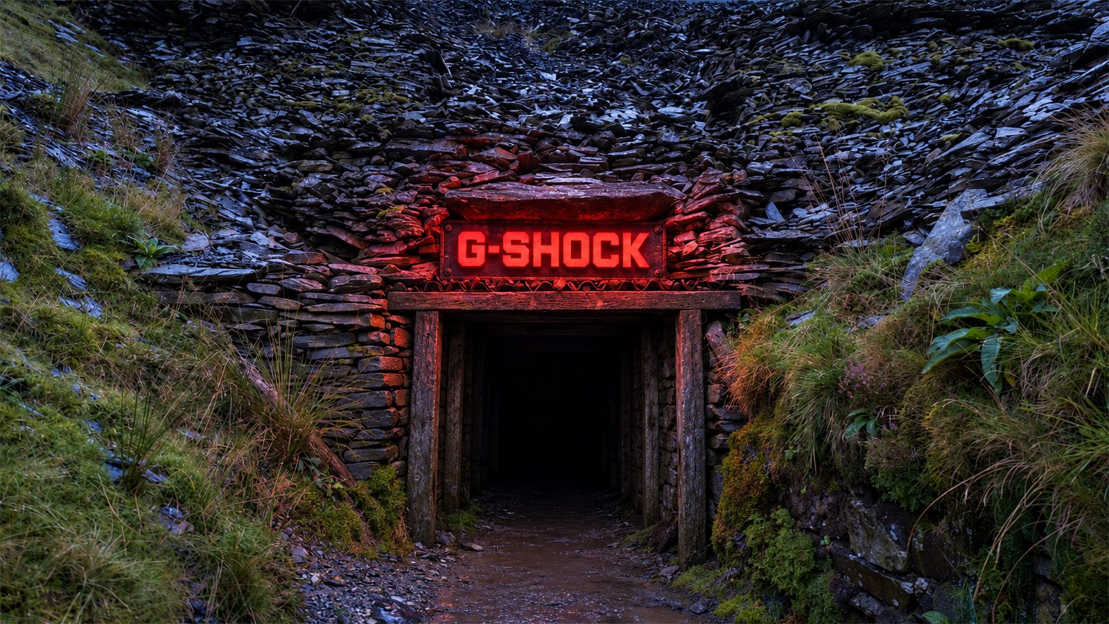 Roni Size deepest rave venue: the Cwmorthin slate mine entrance with a G-SHOCK sign above it
