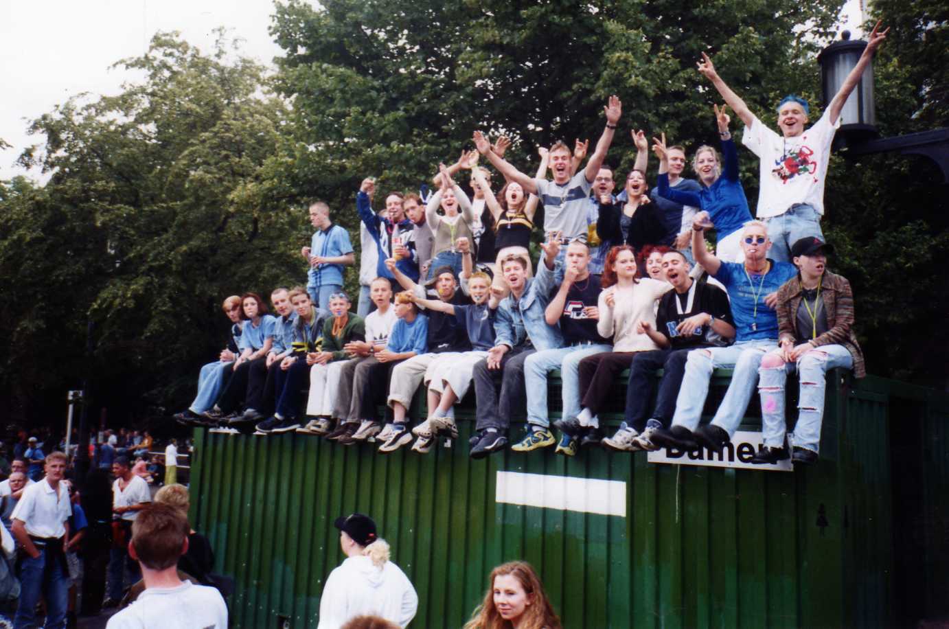 Ravers on top of a container at Love Parade 1998 in Berlin