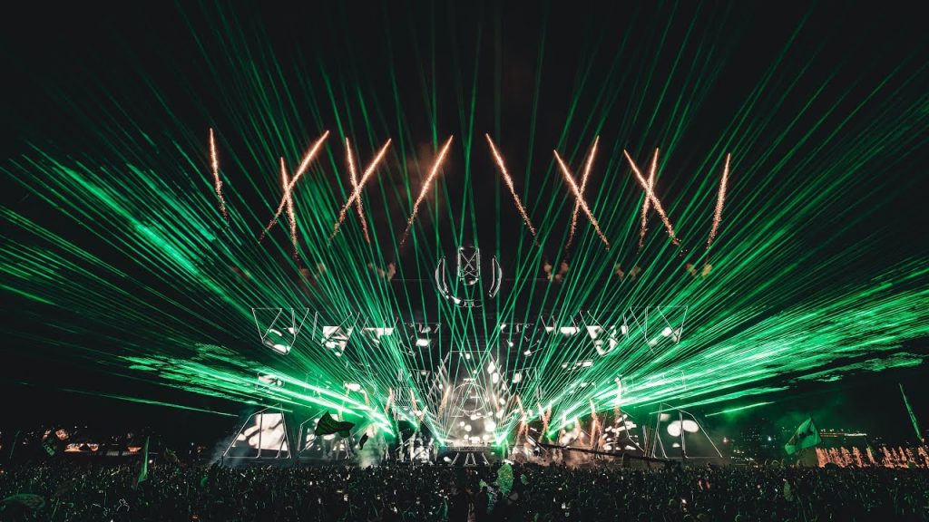 Lasers and pyro over the Ultra Miami 2026 main stage during Armin van Buuren set