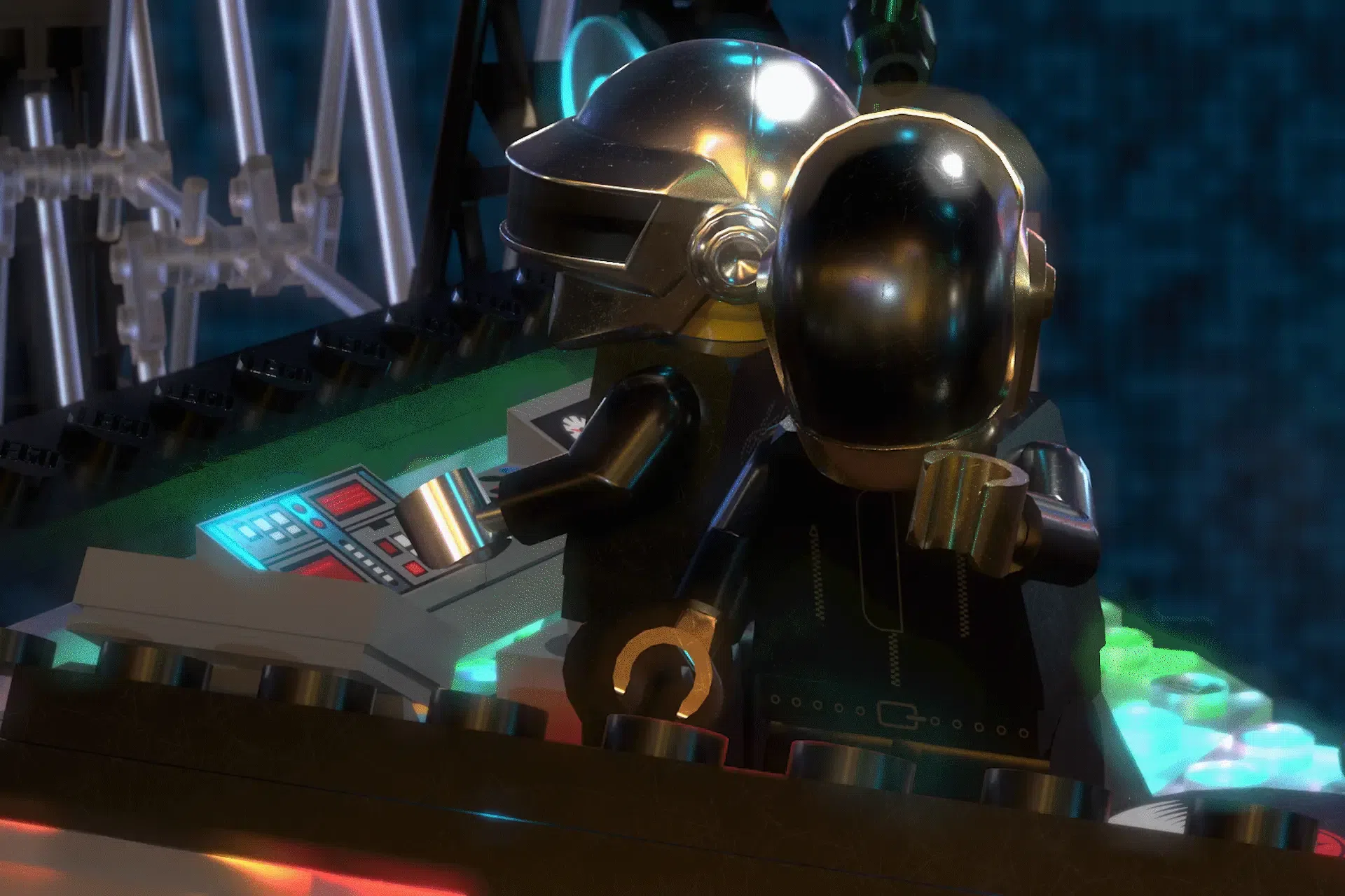 Daft Punk minifigures at the console inside the fan built Alive 2007 pyramid