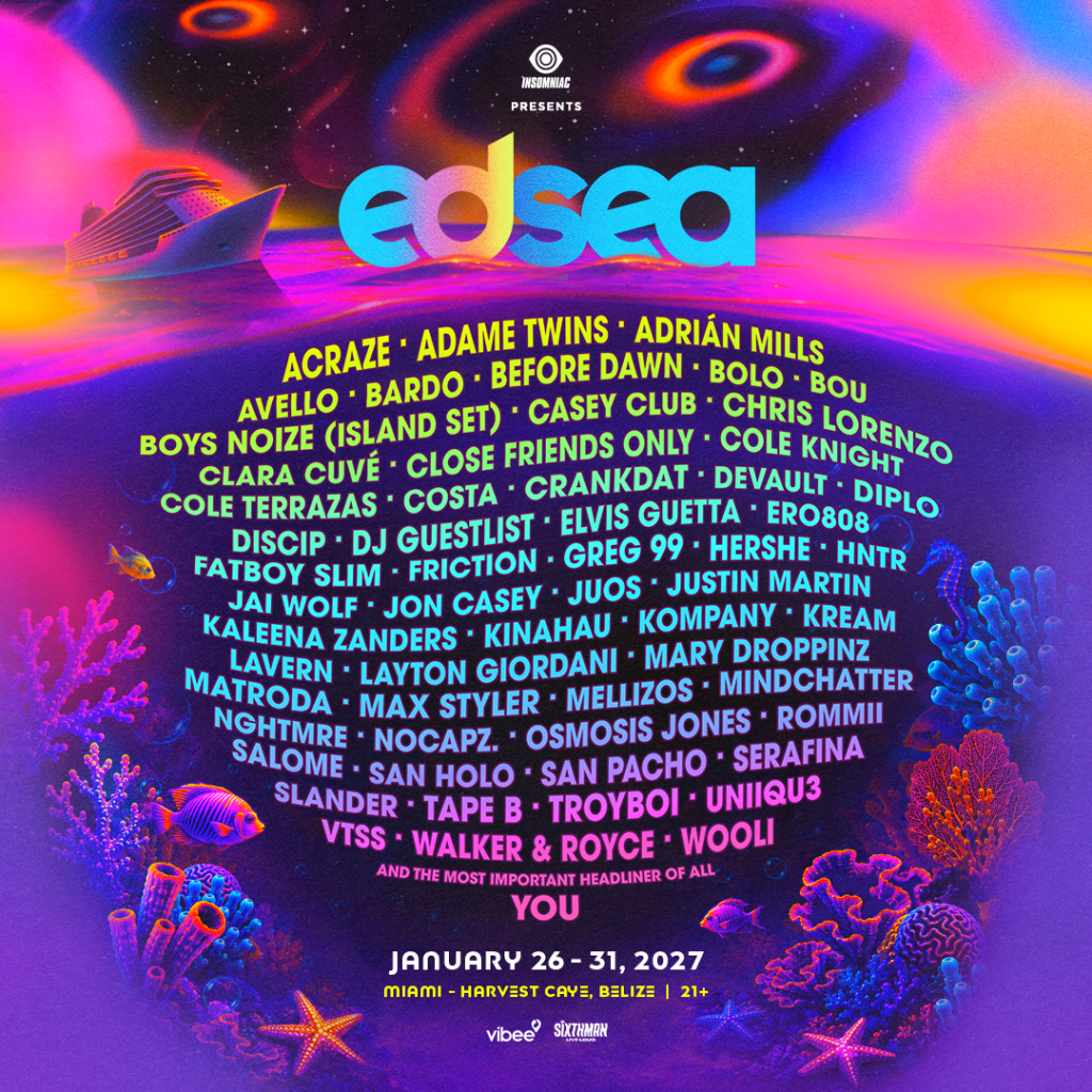 EDSea 2027 lineup poster with Diplo, Fatboy Slim, Boys Noize and Walker & Royce