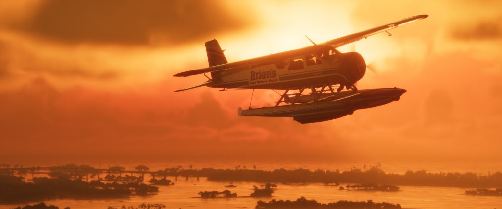 Seaplane over Leonida at sunset from the GTA VI score page, artwork for the Justice GTA 6 score