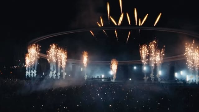 Pyrotechnics around the Head Trip festival stage in Indio