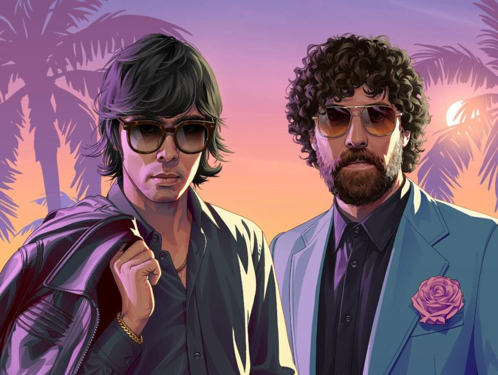Justice GTA 6 score press artwork showing the French duo in Vice City style