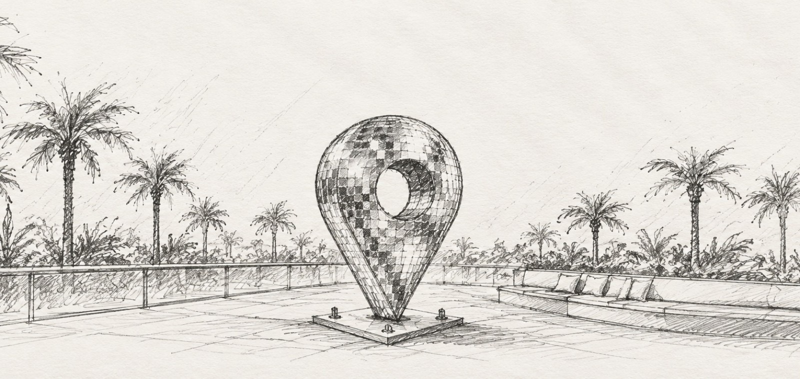 Map Point Summit concept sketch of a mirror ball map pin sculpture for the Insomniac and ADE conference in Las Vegas