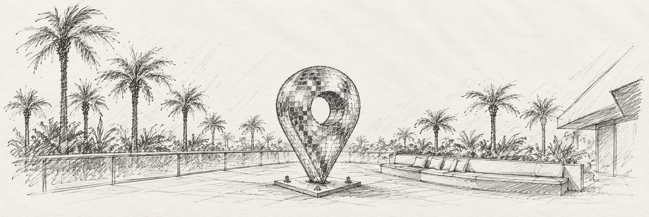Map Point Summit concept sketch of a mirror ball map pin sculpture on a palm lined terrace in Las Vegas