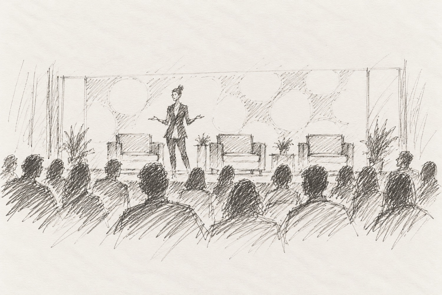 Map Point Summit concept sketch of a speaker on a low stage in front of an audience