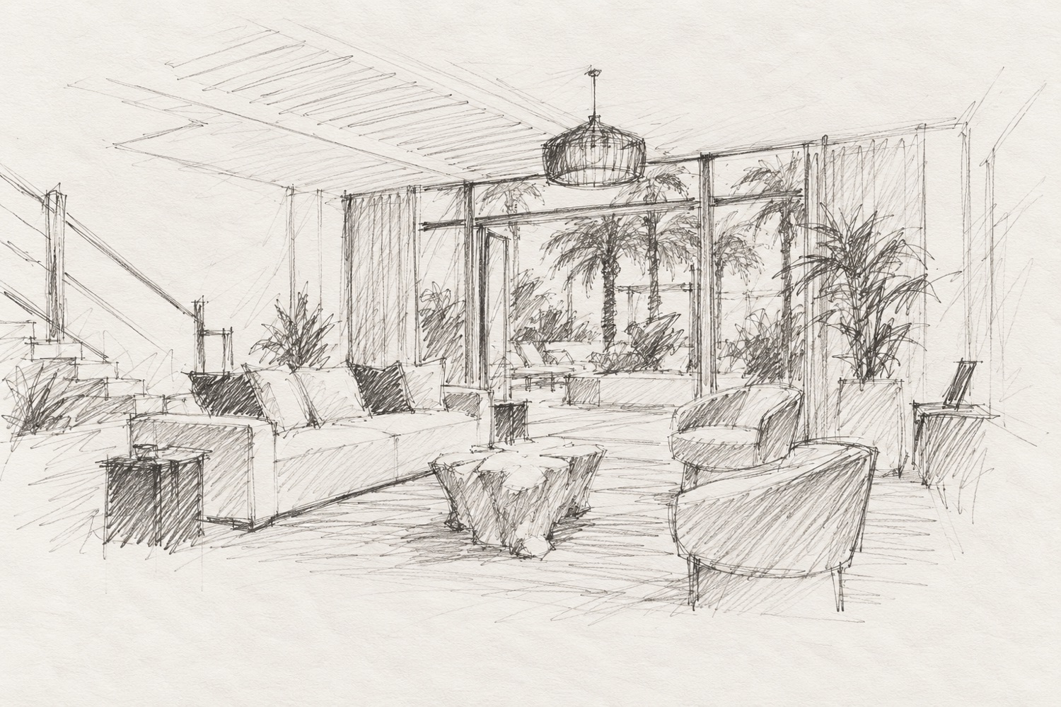 Map Point Summit hosted suite concept sketch with sofa and chairs