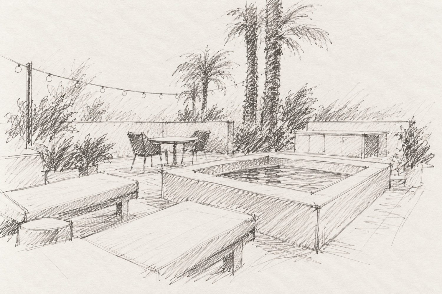 Map Point Summit concept sketch of a hotel terrace with plunge pool and loungers under palms