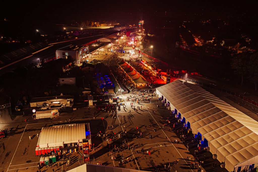 Aerial view of Monsterland Halloween Festival at the Autodromo Enzo e Dino Ferrari in Imola at night
