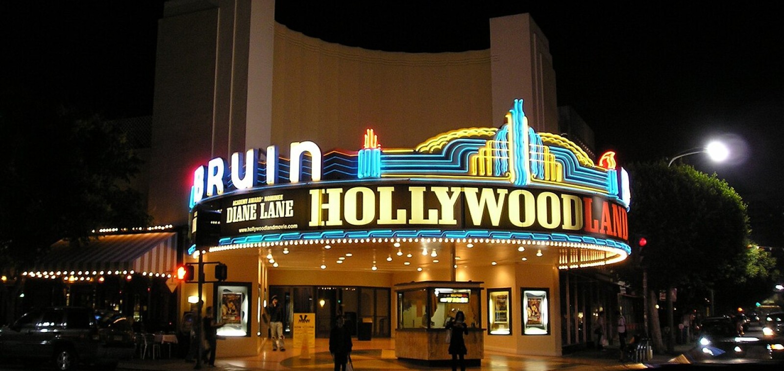 Praise You video location, the Bruin Theatre marquee in Westwood at night