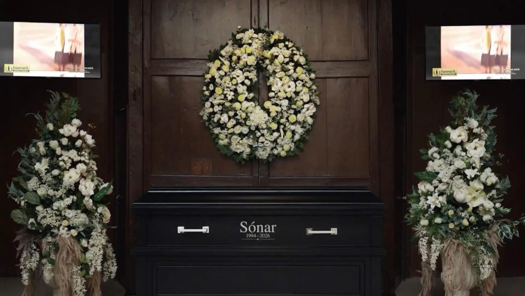 Sónar is dead video showing a coffin with the Sónar name and white wreaths