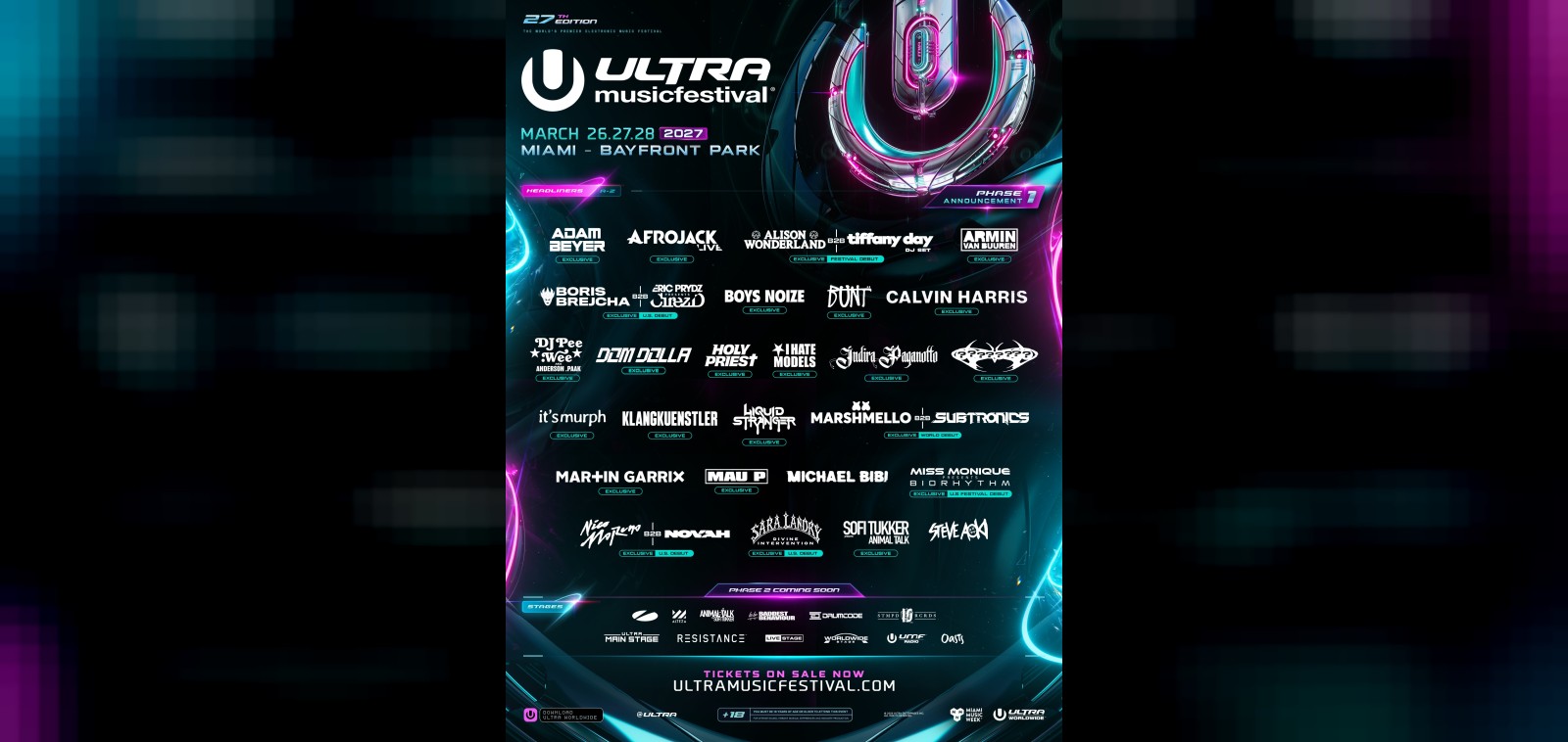 Ultra Miami 2027 lineup Phase 1 poster