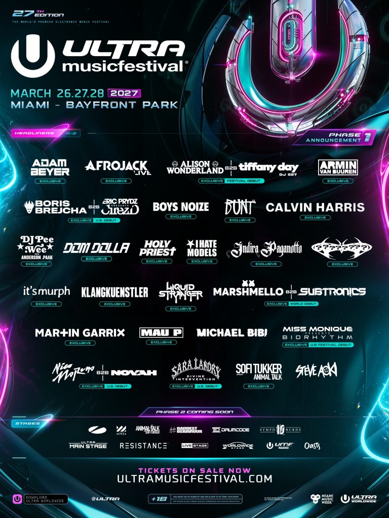 Ultra Miami 2027 lineup poster for Phase 1 at Bayfront Park, March 26 to 28, 2027